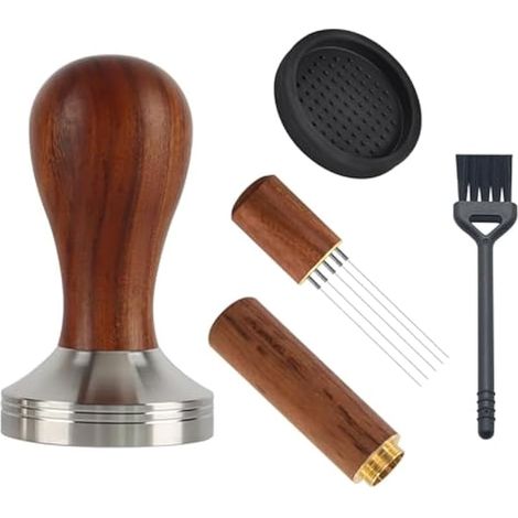 Lot de 4 tasseurs à café, manche en bois massif 51 mm, presse à café ronde noire, brosse de nettoyage noire, aiguille à café, accessoires barista, marron (1/5)