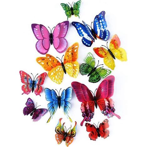 Künstlicher 3D-Doppelflügel-Schmetterling, Dekoration für Hochzeiten, Partys und Zuhause, Schmetterlings-Wandaufkleber in verschiedenen Farben, 6 Farben, 12 Stück (Farbmix) – Fei Yu (1/5)