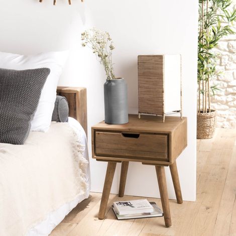 Macabane – Table de chevet scandi bois de sapin marron 1 tiroir – Dimensions 40x40x48 cm – Meuble monté avec pieds à visser (1/5)