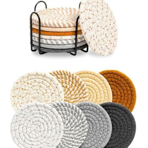 Sous-verres Tressés - Lot de 8 en Coton avec Support de Rangement - Pour Table Cuisine Salon Salle à Manger - Diamètre 11 cm (1/5)