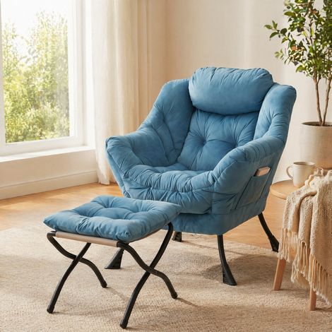 Blauer Relaxsessel aus Stoff und Metall mit Fußhocker (1/5)
