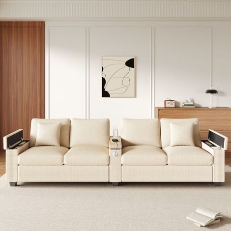 Canapé moderne 4 places en velours côtelé 299x80x82.7 cm avec rangement Canapé de salon avec port USB accoudoir relevable Beige