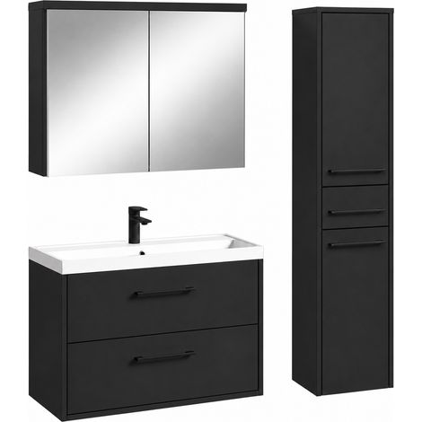 Badplaats Set Mobile Bagno Florence 80 x 40 cm - Nero Opaco - con Lavabo, Specchio Contenitore e Colonna (1/4)