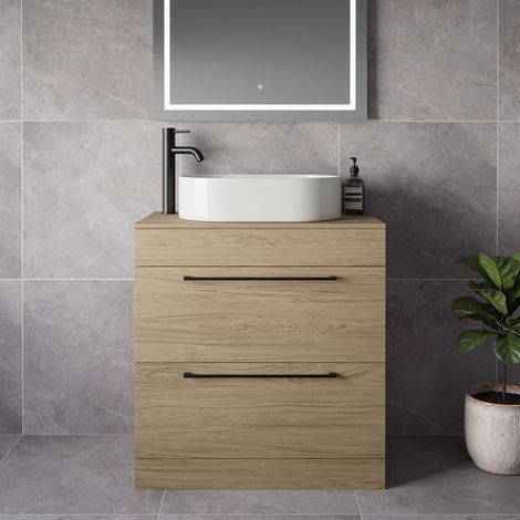 Napoli 460 Light Oak 800mm 2 Drawer Vanity Unit for Countertop Basins - 800mm - Matt Black 480mm Handle
