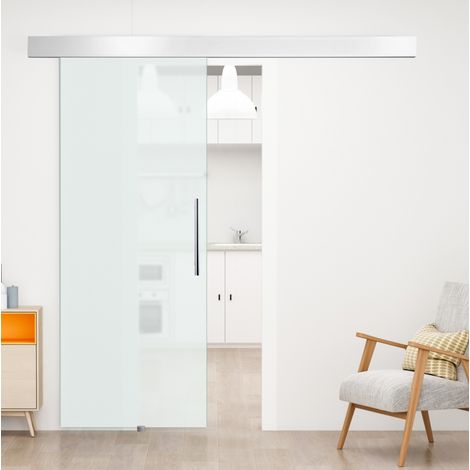 Puerta corredera de vidrio satinado por una cara 2050 x 900 mm con tirador y kit completo OKWISH (1/5)