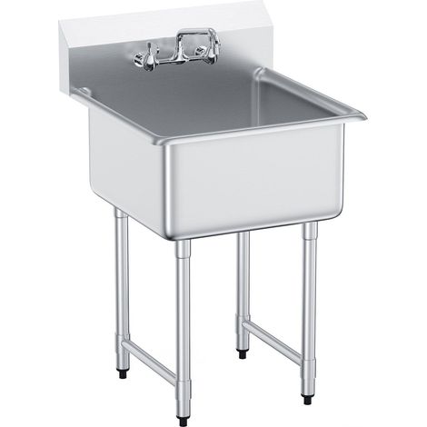 Évier utilitaire en acier inoxydable, 1 bac autoportant avec robinet et pieds, 27"x41", idéal garage, restaurant, cuisine, buanderie. (1/5)