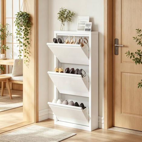 Schuhschrank aus Metall Weiß 50 x 15 x 106 cm, schmal mit 3 Klappfächern und Wandbefestigung (1/5)