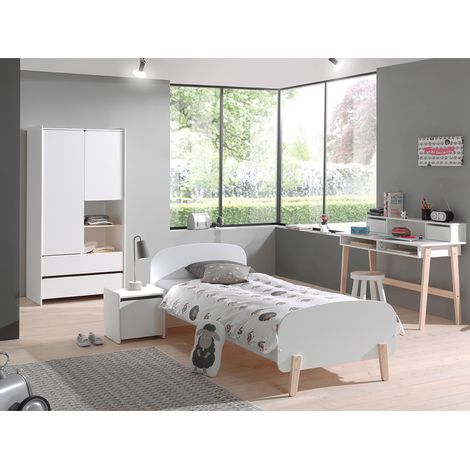 Lit 90x200 - Chevet 1 porte - Armoire 2 portes et Bureau Vipack Kiddy - Blanc (1/5)