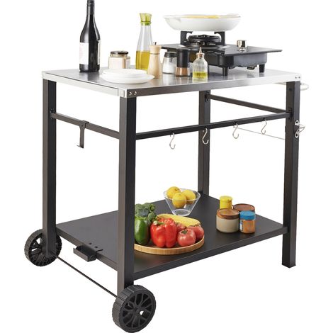 Mophorn Carrito de Comedor para Barbacoa al Aire Libre con Estante Doble, Mesa Móvil de Preparación de Alimentos para Barbacoa, Tapa de Hierro Plegable Multifuncional, Carros para Exteriores, 85x55 cm (1/5)