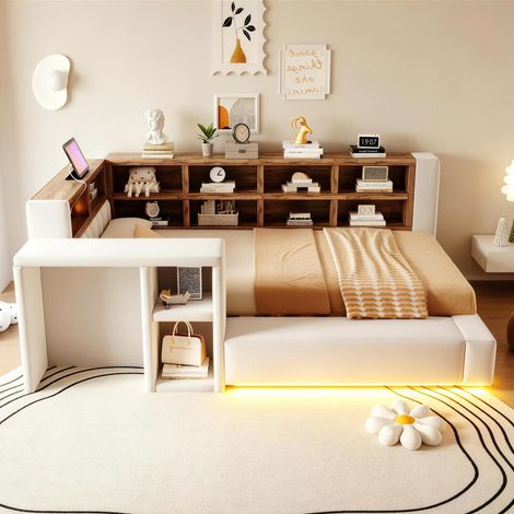 Lit capitonné 90 x 200 cm, avec revêtement capitonné, compartiments de rangement à plusieurs niveaux, éclairage LED, prises intégrées dans la tête de lit, table de chevet, dossier capitonné, beige (1/4)