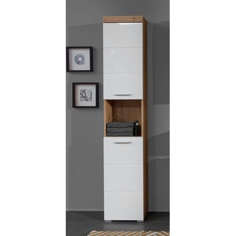 Badezimmer Hochschrank ALTENA-19 in Weiß Hochglanz mit Absetzung in Asteiche Nb., B/H/T: ca. 37/190/31 cm (1/5)