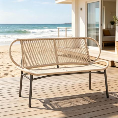 Banquette de jardin tressée pour 2 personnes avec accoudoirs en boucle en PE rotin et cadre métal (1/5)