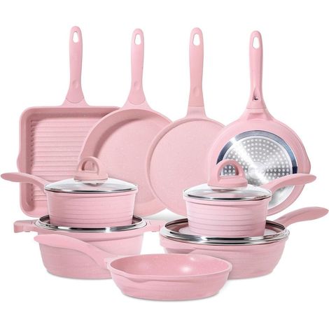Set de casseroles et poêles 23 pièces, revêtement antiadhésif granit, induction, rose (1/5)
