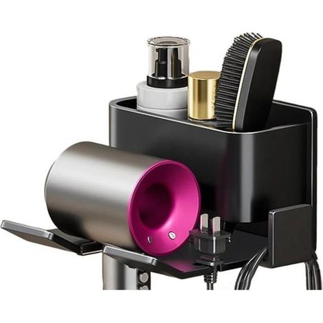 Support mural pour sèche-cheveux noir - KAGOLOW - Sans perçage - Rangement pour cordon d'alimentation