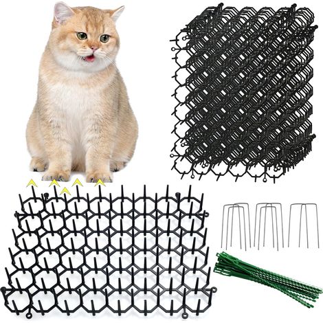 Lot de 12 Tapis Anti Chat à Picots (20x15cm) - Répulsif Chat avec 8 Piquets de Fixation et 20 Attaches - Grille Dissuasive pour Jardin, Canapé et Plantes - Barrière Intérieur/Extérieur (1/5)