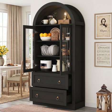 Armoire haute cintrée noire 80x36x170 cm avec tiroirs, portes vitrées, idéale cuisine et salon, meuble de rangement élégant. (1/5)