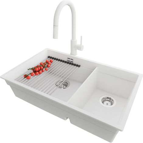 PRIMAGRAN Evier Cuisine en Granit 76x47cm, Lavabo 2 bacs + Kit de Vidage + Accessoire, Évier à Encastrer au meuble 80cm - Prague Slim Duo, Blanc