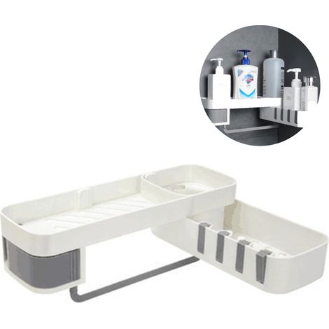 Étagère de douche en plastique double couche, adhésive, de couleur blanche et grise.-Étagère murale avec porte-serviettes