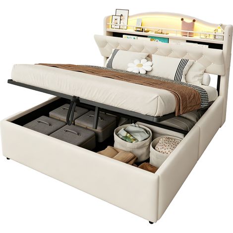 Polsterbett 140 x 200 cm mit Stauraum, LED, USB, USB-C und Kopfteilfächern, ohne Matratze, Beige (1/5)