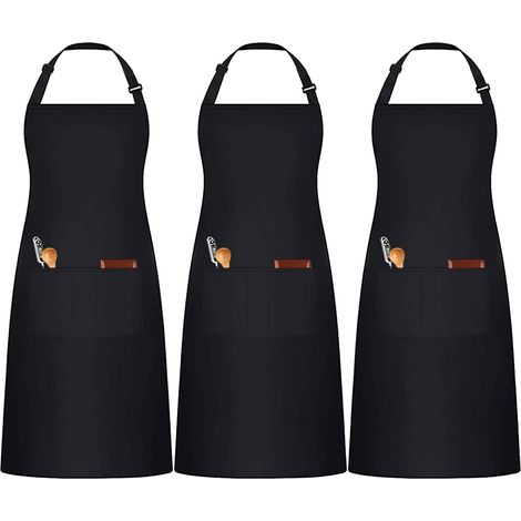 Lot de 3 Tabliers Noirs Blanc, Réglables Cuisine Tabliers avec 3 Poches pour Hommes Femmes, Tablier (Polycoton) (1/5)
