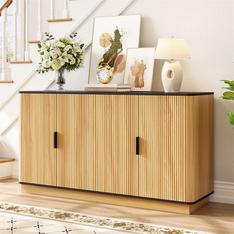 Buffet 4 portes - 139x40x75cm - Grand espace de rangement avec rainures verticales poignées en aluminium pour salon - Naturel (1/5)