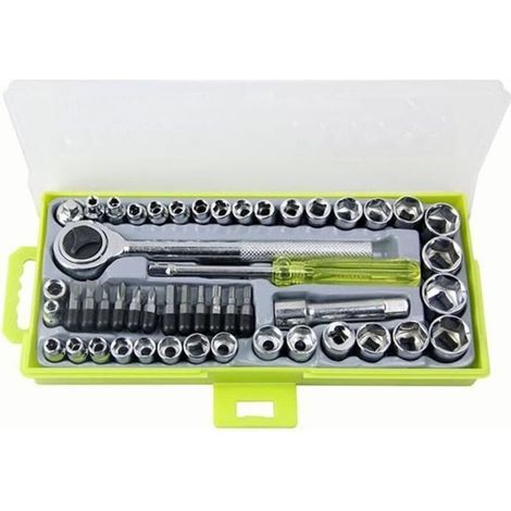 Set of 50 1/4" and 3/8" Socket Wrenches with Reversible Ratchet Handle, DR Drive, 12 Hex Bits with Case (1/4)
