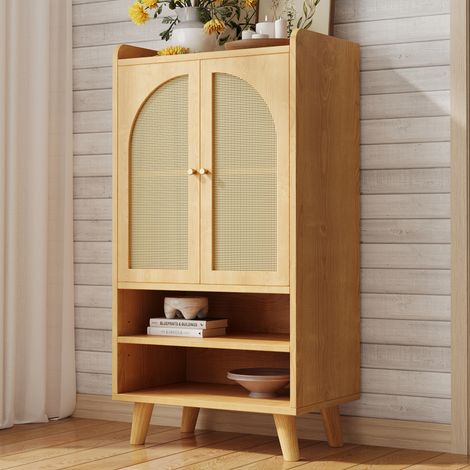 Buffet Modern mit 2 Türen und 2 offenen Fächern, Kippschutz, für Wohnzimmer, 60 × 40 × 121 cm, aus Spanplatte, Natur (1/5)