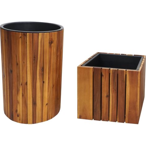 Lot de 2 jardinières HWC-L24 - pot de plantes pot de fleurs jardinière - ronde carrée Outdoor acacia bois MVG marron (1/5)