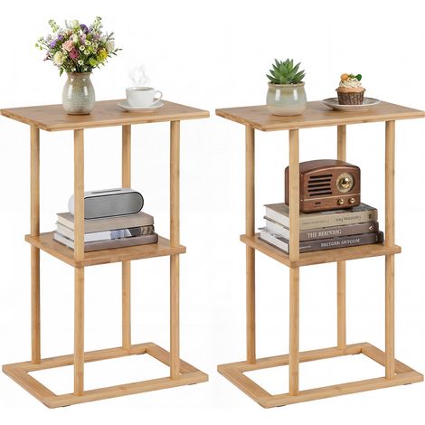 Ensemble de 2 tables d'appoint naturelles en bambou avec 2 étagères et plateau épais, pieds antidérapants pour salon