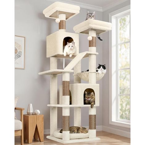 Arbre a Chat Beige Grand Hauteur 189 cm avec 2 Niches, 2 Perchoirs rembourrés, Pente Sisal Peluche, Lit Amovible, Arbres à Chat Solide pour Chats Repos Jeu Escalade Intérieur (F74D, Beige) (1/5)