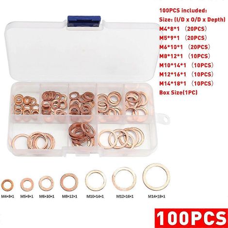 Kit d'assortiment de rondelles, joints, écrous et boulons en cuivre (280/200/120/100 pièces) avec boîte pour bouchons de vidange d'eau M4-M20