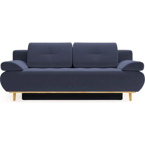AMARO - Canapé droit convertible tissu velours 2 places Bleu (1/5)