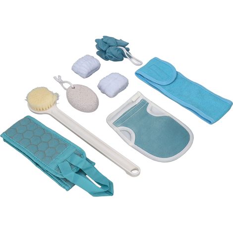 Ensemble de massage et gel douche comprenant une éponge exfoliante pour le dos, un gant de douche en luffa, une brosse à manche droit et un usage domestique. (1/5)