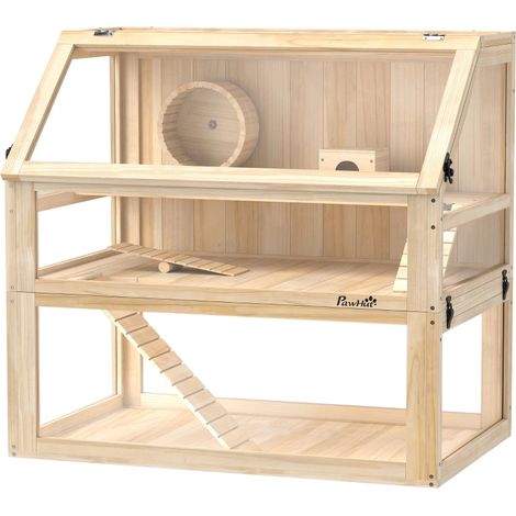 Holz-Hamsterkäfig mit 3 Ebenen, Rad und aufklappbarem Deckel 80x50x76 cm (1/4)