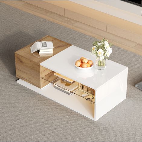 Tavolino LED 105 x 50 x 36 cm con vano contenitore, vetro temperato, bianco e legno DESVIAE (1/5)