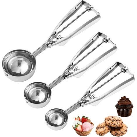 Juego de cucharas para hornear de 3 piezas，Cucharas de acero inoxidable de 1，2 y 3 cucharadas para galletas，albóndigas y bolitas de melón (1/5)