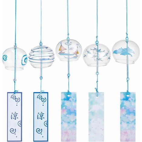 5er Set japanische Glas-Windspiele Sommer-Thema mit Anhänger