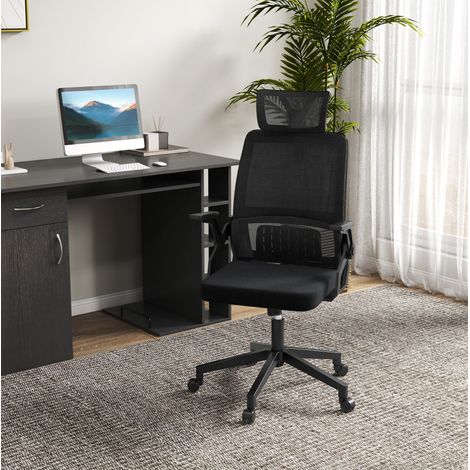 Silla de oficina de malla negra, con reposacabezas, soporte lumbar, reposabrazos, función balancín, 58 x 61 x 102-119 cm (1/5)