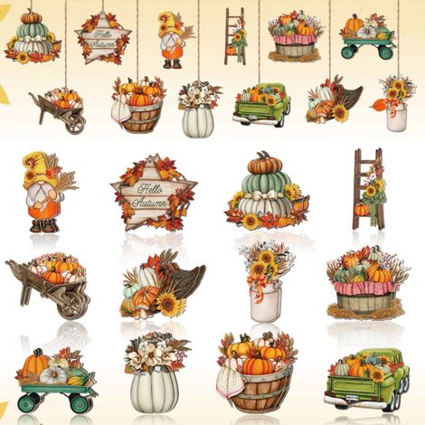 Ornement Bois Automne - Décoration Arbre Fête Récolte Citrouille Feuille Érable Nain - 12 Pièces (1/5)