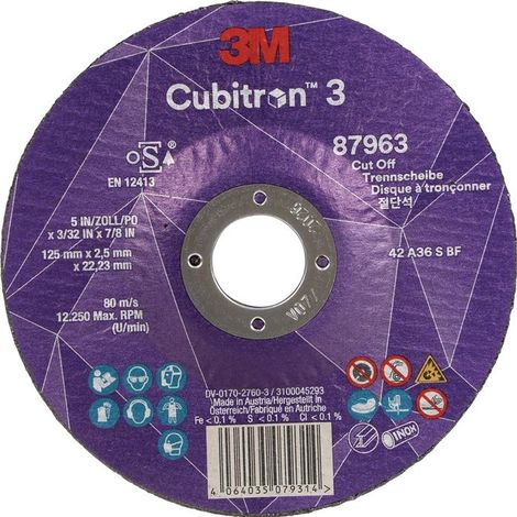 Disque à tronçonner Cubitron™ 3 D125x2,5mm courbé 3M™ Cubitron™ 3 alésage 22,23mm 3M (Par 25)