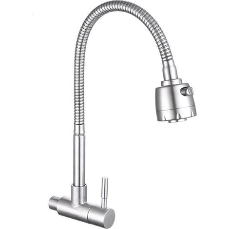 Robinet de salle de bain Acier Inox Brossé Robinet Mural pour Eau Froide à Ressort Mitigeur de Cuisine Mémoire de Forme Mitigeur d'Evier Simple en