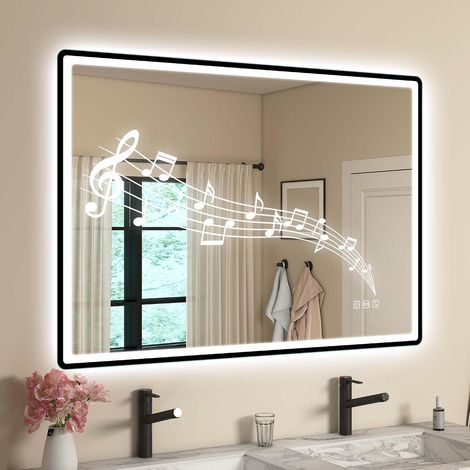 100x70cm Noir Miroir-Salle-de-Bain-avec-Éclairage et Bluetooth, Anti-buée, 3 Couleurs Lumière, Dimmable, IP44, Verre Trempé, Horizontal/Vertical, Cadre Non Métallique (1/5)