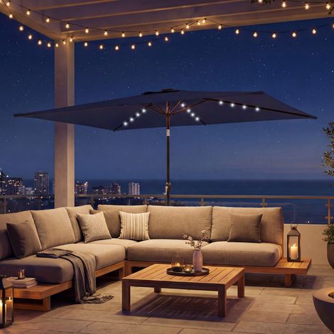 Sonnenschirm LED Solar ca. 300 x 200 cm knickbar Balkonschirm mit Kurbel Schutzhülle, UV Schutz, Drehbar Marineblau