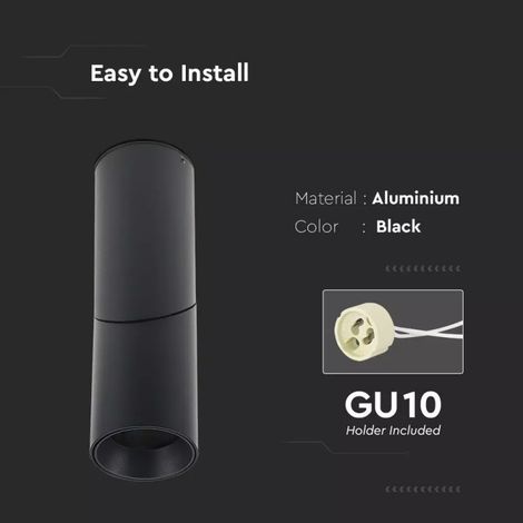 Soporte para foco LED V-TAC, montaje en techo, GU10, cuerpo negro