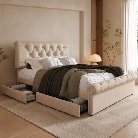 Cama tapizada 140 x 200 cm con 4 cajones, cabecero regulable y colchón, Natural HAVRYA (1/5)