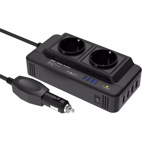 Convertisseur de puissance pour voiture 200 W, 12 V CC vers 220 V CA, avec 2 prises CA, 4 ports USB, interrupteur marche/arrêt et protection de sécurité (1/5)