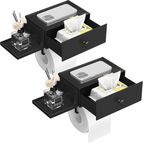 Plastique Porte-Rouleau WC avec Tablette de Rangement et Tiroir à Visser ou à Coller au Mur, Boîte de Rangement Étanche et Lavable pour Lingettes Humides de Toilette, Noir, 2 Paquet (1/5)