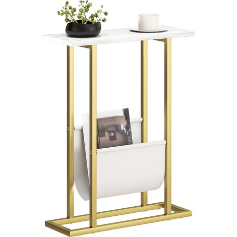 Narrow Side Table with Magazine Holder for Small Spaces-Stylish Nightstand for Living Room and Bedroom in White Marble Finish