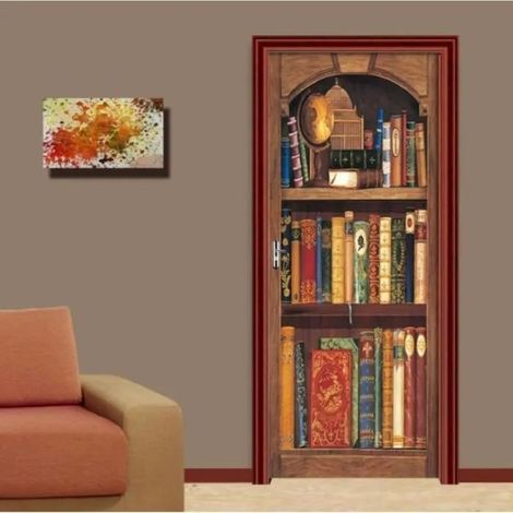 Stickers Porte Poster Bibliothèque 3D Papier Peint Porte Trompe l'oeil pour Salon Décoration De La Maison Stickers Muraux Stickers (1/4)