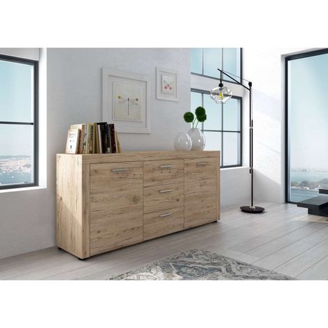 Madia Credenza in Legno Effetto Rovere 167x41x77 cm con Ante e Cassetti - Manuel